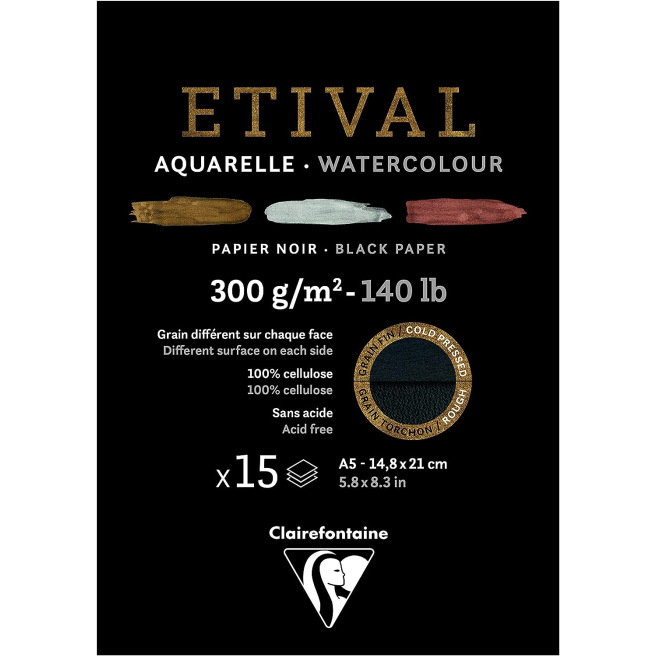 Etival Noir - Block glued 1 side - 15 sheets - 300g double grain